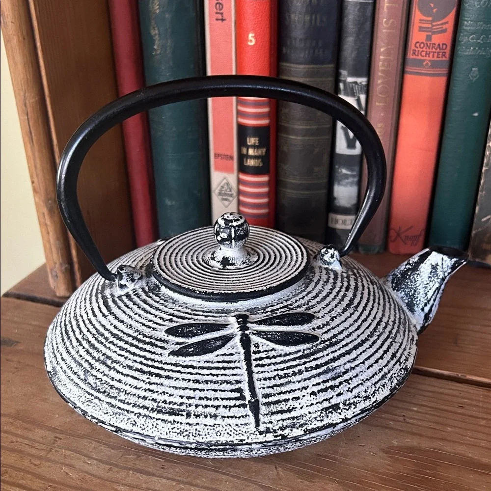 Large Black and White Cast Iron Dragonfly Teapot